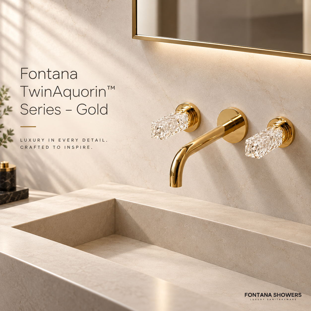 Fontana TwinAquorin Gold Wall Mounted Two Handle Bathroom Faucet with White Crystal Handles